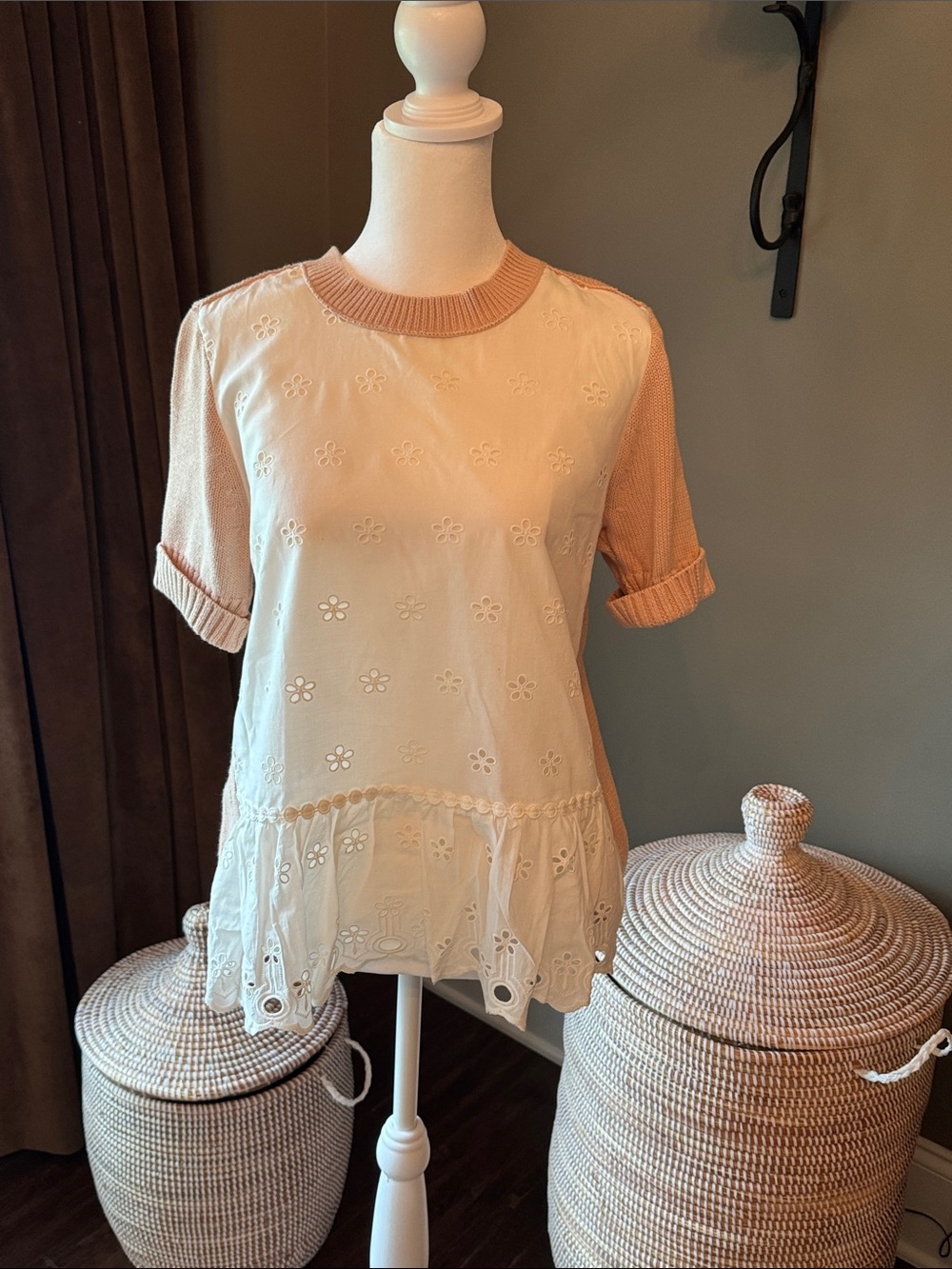 JCrew Women's Cream Eyelet Peplum Top with Blush Knit Sleeves